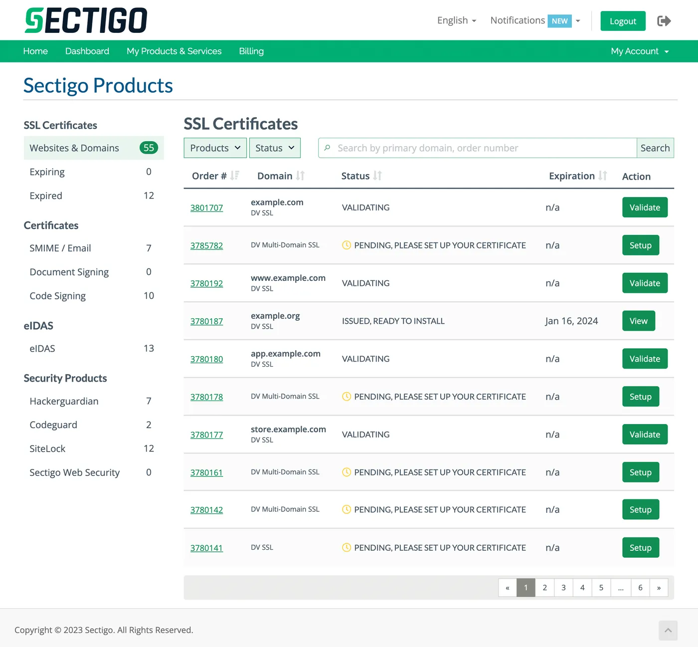 Store sectigo screenshot 1 Customer dashboard view showing all Sectigo products in use