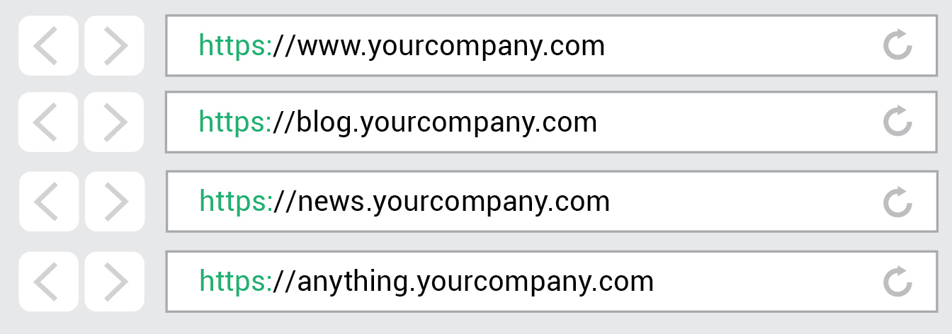 Example domain and subdomains that would be secured with a Wildcard SSL certificate